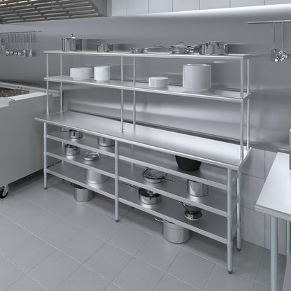 Amgood 18" x 96" Stainless Steel Work Table with 3 Shelves and 12" Wide Double Tier Overshelf | Metal Kitchen Prep Table & Shelving Combo | NSF