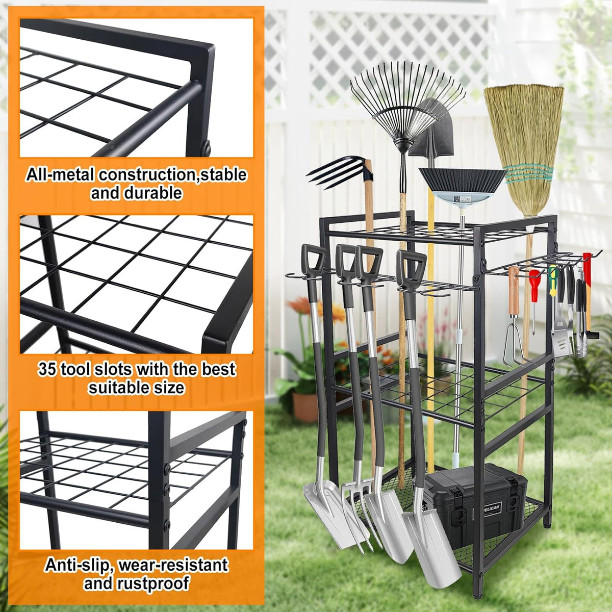 3 Tier Garden Tool Organizer, Yard Tool Tower Rack, Tool organizer up to 78 Tools, Heavy Duty Garden Tool Organizer for Garage, Yard, Patio, Shed, Indoors and Outdoors, Black