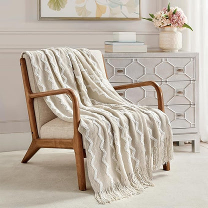 BOURINA Fluffy Chenille Knitted Fringe Throw Blanket Lightweight Soft Cozy for Bed Sofa Chair Throw Blankets, Beige 50" x 60"