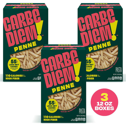 Carbe Diem!, Penne, Lower Net Carb Pasta with Traditional Flavor & Texture, 55% Fewer Net Carbs & Only 110 Calories Per Serving, Pack of 3