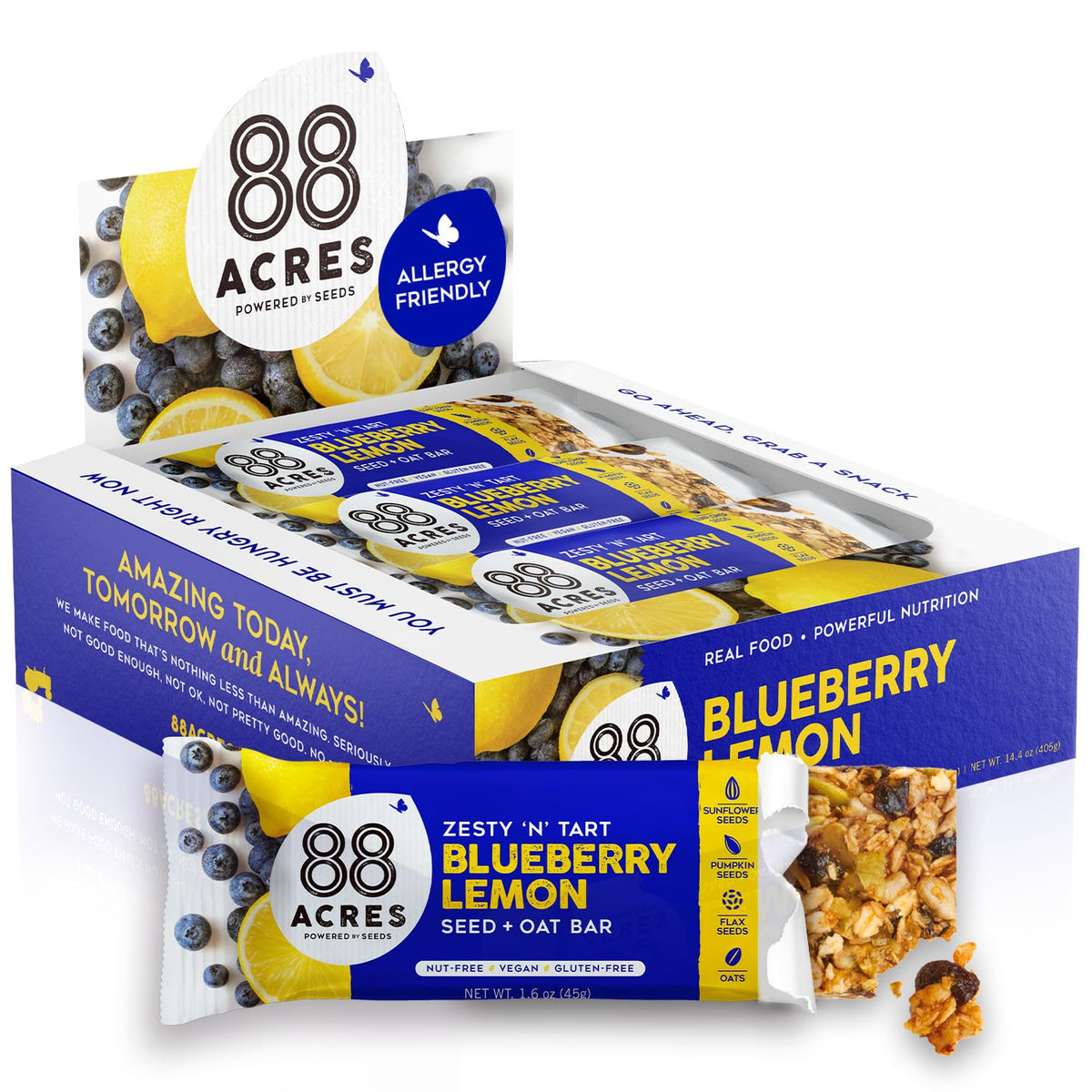 88 Acres Granola Bars | Blueberry Lemon | Gluten Free, Nut-Free Oat and Seed Granola Bar | Vegan & Always Non GMO | 12 Pack