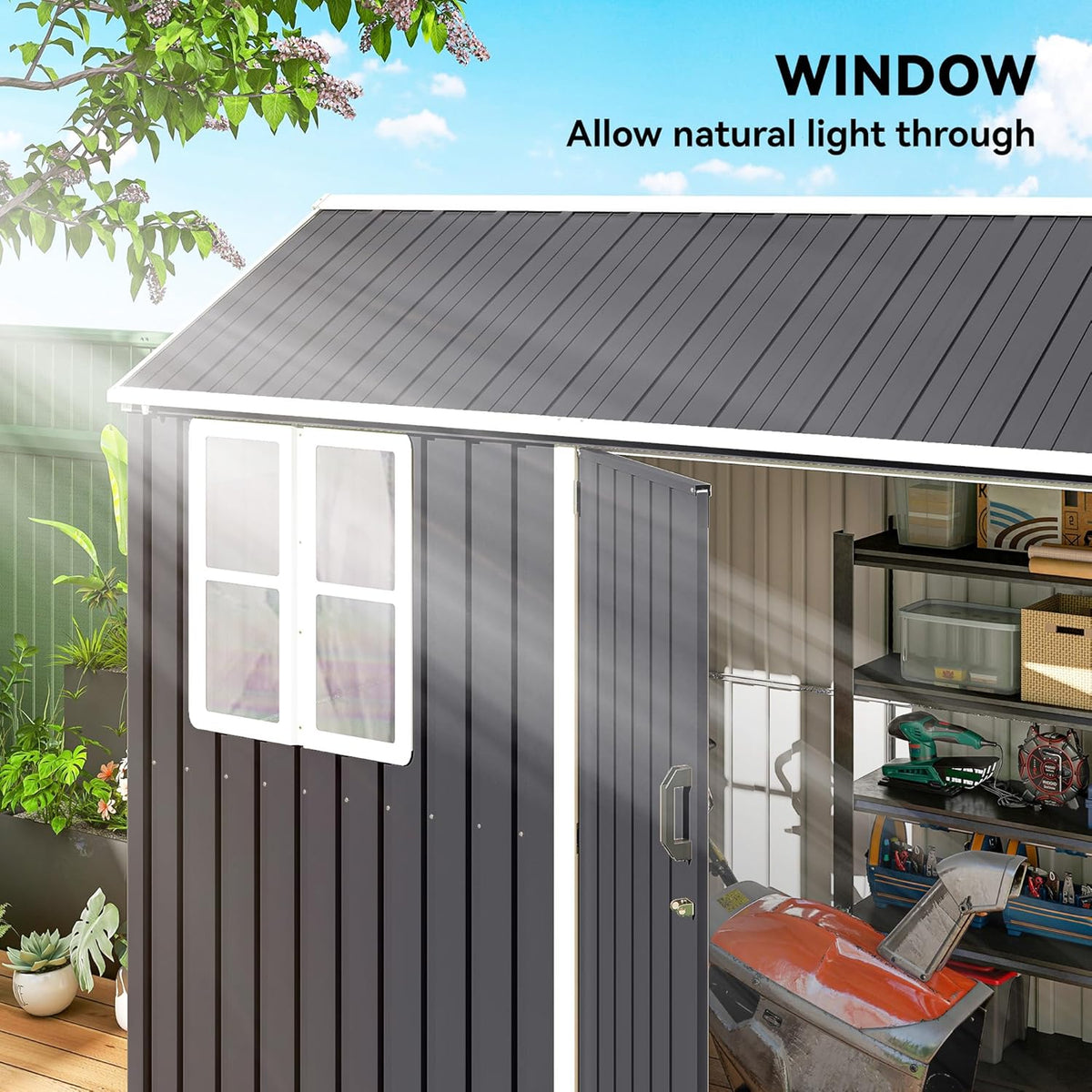 Outsunny 8' x 6' Outdoor Storage Shed, Metal Garden Shed with Window & Double Lockable Door, Outdoor Tool Shed Storage with Sloped Roof for Backyard, Patio, Garage, Lawn, Dark Gray