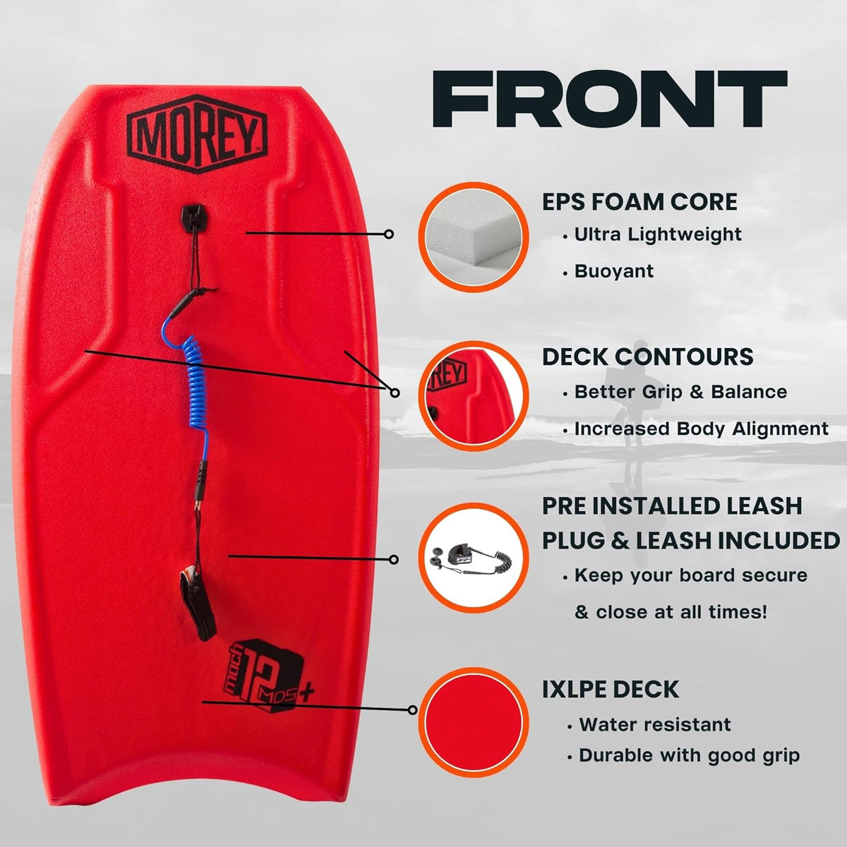 MOREY® Mach 12 MDS, 42.5" Bodyboard. Dynamic Speed Body Boards for Beach, for All Skill Levels, Embedded Fiberglass Stringer, with Coil Leash. Re-Engineered 2025 Model