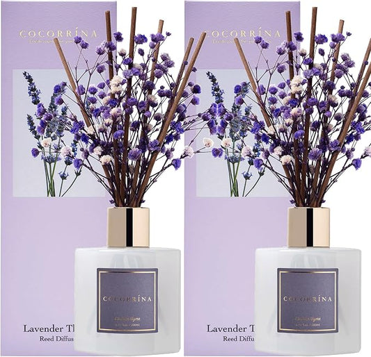 Cocorrína Premium Reed Diffuser Set with Preserved Baby's Breath & Cotton Stick Lavender Thyme 2 Packs, 6.7oz Scent Fragrance Oil Diffuser for Bedroom Bathroom Home Décor