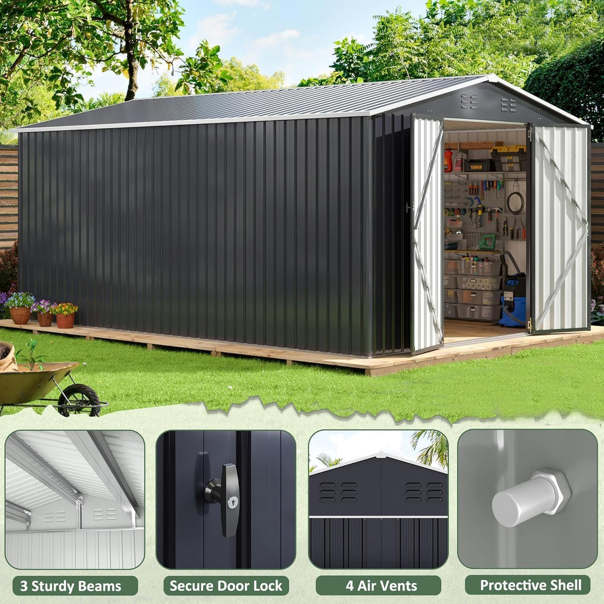 WKM 10x14 FT Outdoor Storage Shed, Utility Metal Tool Storage with Lockable Doors and Updated Frame Structure, Metal Garden Shed for Backyard, Patio Lawn, Black