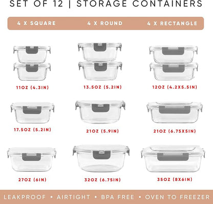 JoyJolt 24pc Borosilicate Glass Storage Containers with Lids | 12 Airtight/Freezer Safe Food Storage Containers for Pantry and Kitchen | Meal Prep Container for Lunch | Glass Tupperware Set
