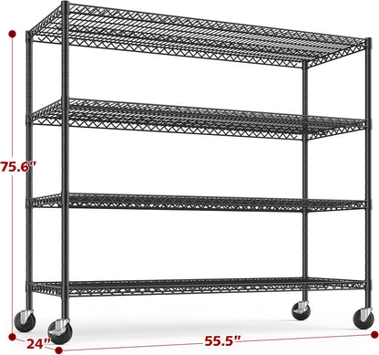 REIBII 55.5''W Storage Shelves 2500LBS Wire Shelving Unit with Wheels Heavy Duty Metal Shelves for Storage Adjustable Garage Storage Rack Pantry Shelf Kitchen Shelving, 75.6" H X 55.5''W X 24" D, 3PCS