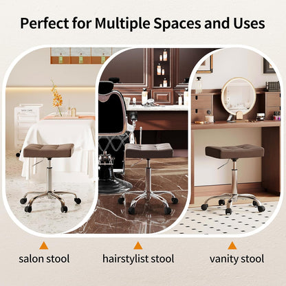 Vanity Stool with Wheels (Adjustable Height 17-21 inch) (300lbs Capacity) Faux Leather Nail Tattoo Vanity Massage Stool (Coffee Brown)