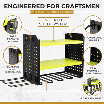 Power Tool Organizer - 6 Drill Holder Wall Mount, 3-Tier Heavy-Duty Hand Tool Storage Rack With 2 Pegboard Sides - Green