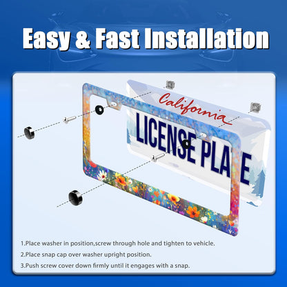 Abstract Floral License Plate Frame Watercolor Flowers License Plate Stainless Steel Funny License Plate Holder for Women Colorful Car Accessories Decoration 12.3" x 6.3"