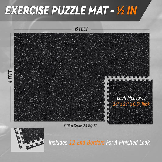 0.5" Thick 24 Sq Ft Gym Floor Exercise Mat, RAINHOL 6 PCS EVA Foam Rubber Flooring for Home Gym, Interlocking Puzzle Protective Tiles Workout Floor Equipment Mats for Garage, 24x24 inch