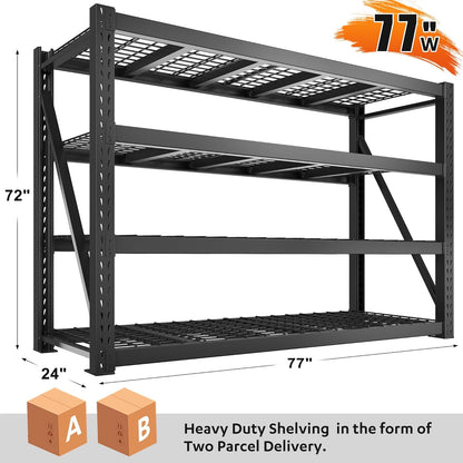 Bepatio 77" W Storage Shelves Heavy Duty Garage Shelving 8000LBS 4 Tier Metal Shelving Unit, Adjustable Shelves, Steel Industrial Shelving for Basement Warehouse Commercial,77" W*24" D*72”H,Black