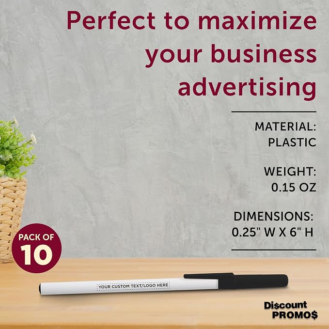 DISCOUNT PROMOS Custom Value Stick Pens Set of 10, Personalized Bulk Pack - Black Ink, Great for Office, School, Business, Tradeshows, Events - Black