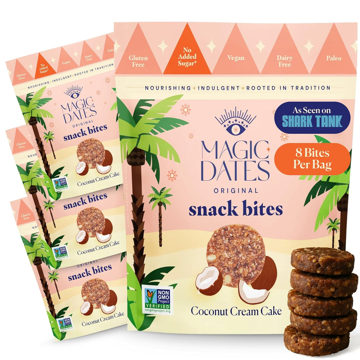 MAGICDATES Date Snack Bites | Coconut Cream Cake – 4 Bags (16 Servings) | Medjool Dates | No Added Sugar | Gluten-Free | Vegan | Paleo | Plant-Based | Healthy Coconut Snack | Clean Ingredients