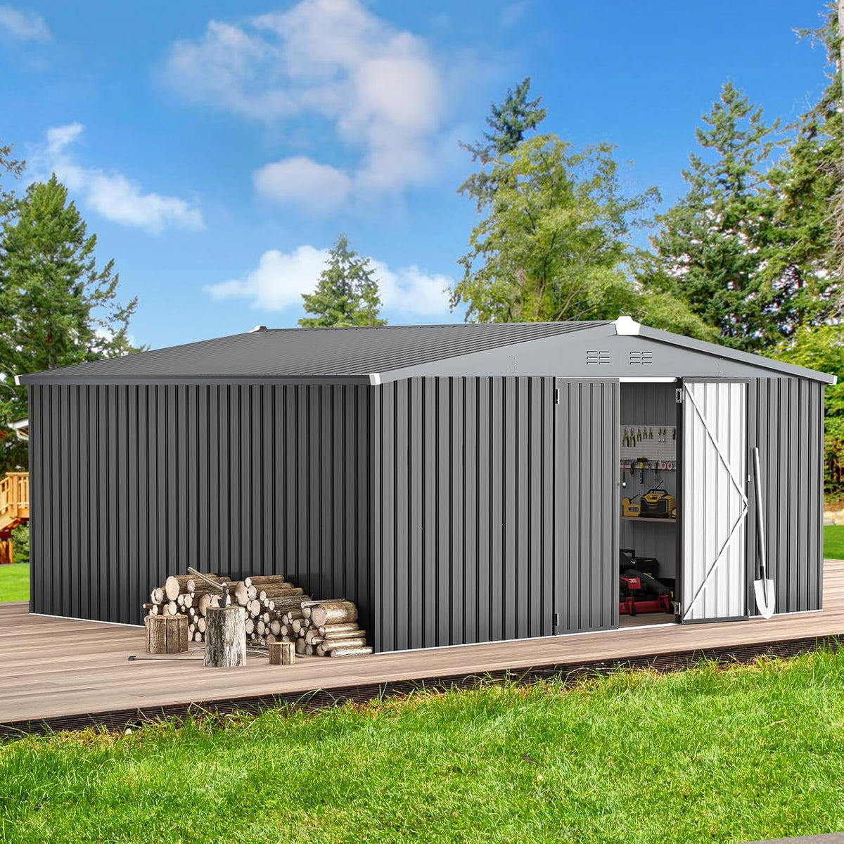 AECOJOY Shed 14' x 12' Storage Shed, Outdoor Metal Storage Sheds & Outdoor Storage 12x14 with Lockable Doors, Large Steel Yard Shed, Utility Tool Storage for Garden, Patio, Outside use in Dark Grey