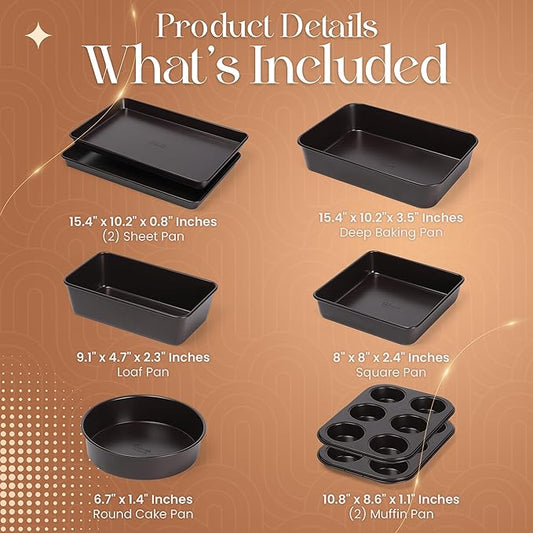 Nonstick Bakeware Set 8 Piece - Stackable Baking Pan Set, Oven safe 450°F, Carbon Steel Baking Set with Muffin, Loaf, Cookie Sheets & Roaster, Easy Storage, BPA-Free (Dark Brown)