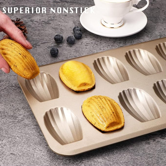 HONGBAKE Nonstick Madeleine Pan 2 Pack 12-Cavity Heavy Duty Madeleine Cookies Trays for Oven Baking, Warp Resistant Shell Shape Madeleine Mold Cake Pan, Champagne Gold