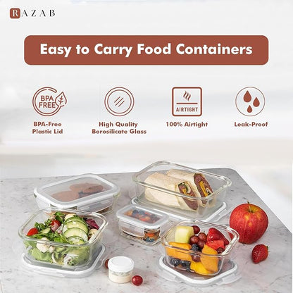Razab 35 Pc Set Glass Food Storage Containers with Lids - Meal Prep Airtight Bento Boxes BPA-Free 100% Leak Proof (15 lids,15 glass & 5 Plastic Sauce/Dip Containers)