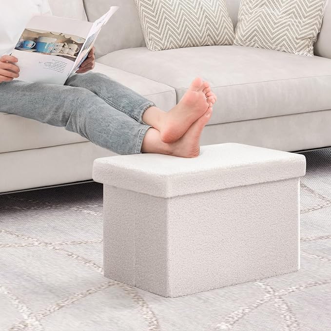 B FSOBEIIALEO Storage Ottoman Cube Small Sherpa Ottoman Foot Rest, Foldable Portable Boucle Ottomans, Faux Teddy Fur, Cream White 16.5"x12.6"x12.6"