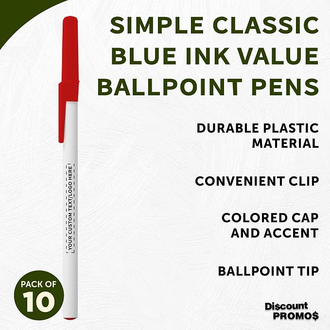 DISCOUNT PROMOS Custom Value Stick Pens Set of 10, Personalized Bulk Pack - Blue Ink, Great for Office, School, Business, Tradeshows, Events - Red Cap