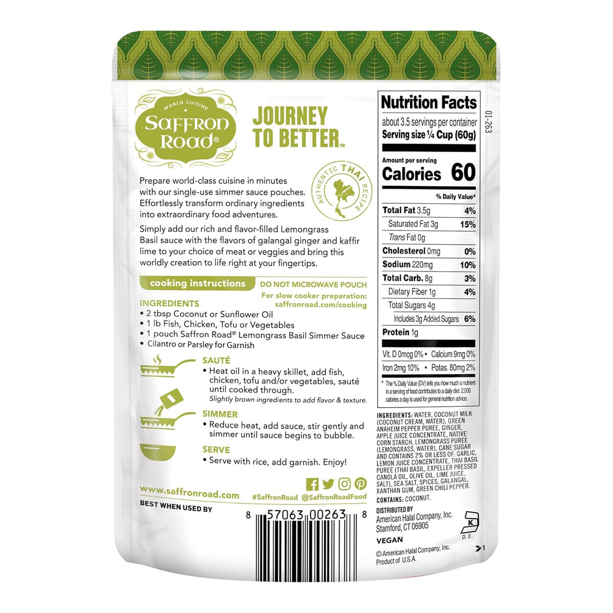 Saffron Road Lemongrass Basil Simmer Sauce | Globally Inspired Simmer Sauce | Gluten-free, Vegan, Non-GMO, and Certified Halal and Kosher | 7.0oz Pouch | Pack of 4