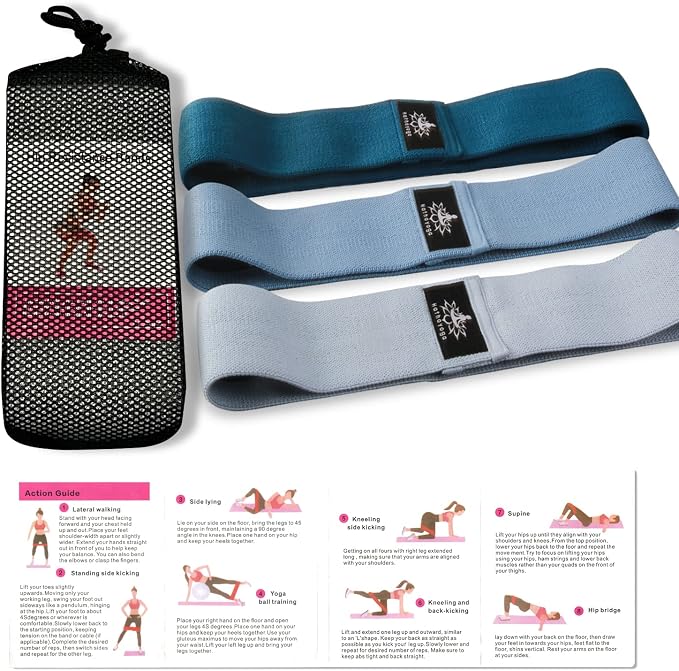 Hatha Yoga Large Resistance Band,14.5" x3.15",Fabric Exercise Loop Bands with Instruction Guide and Carry Bag, Set of 3.
