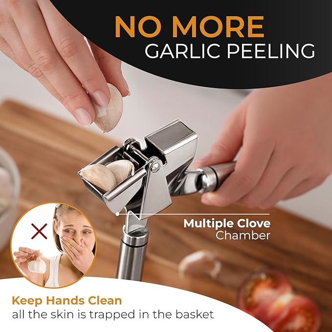 ORBLUE Garlic Press Stainless Steel - Premium Professional Grade Garlic Mincer, Crusher & Peeler Set - Easy Clean, Dishwasher Safe & Rust-proof