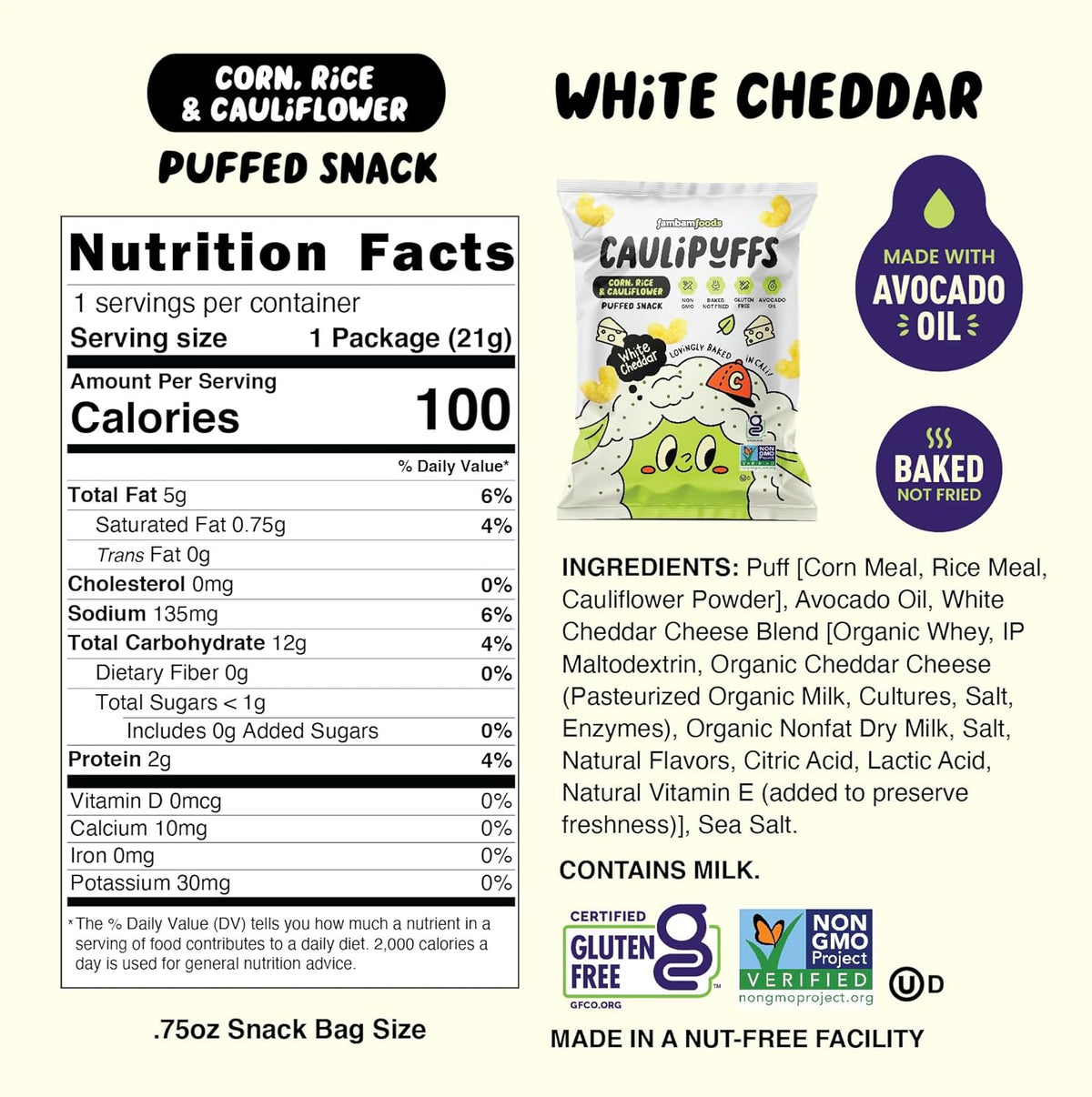 CauliPuffs - Corn, Rice, and Cauliflower Gluten Free Puffed Snack (15 x 0.75oz Bags, White Cheddar)