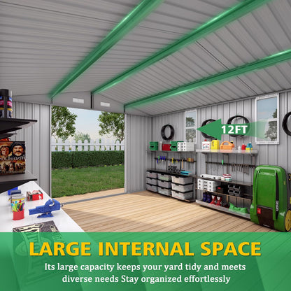 10x12 FT Outdoor Storage Shed with Windows, Metal Sheds & Outdoor Storage with Lockable Door and 4 Vents, Outside Storage Shed Waterproof for Backyard, Garden, Patio, Gray