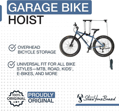 StoreYourBoard Bike Hoist, No-Slip Bicycle Ceiling Storage, Heavy-Duty Garage Pulley Lift System, Road, MTB, Fat Tire, Ebike Hanger