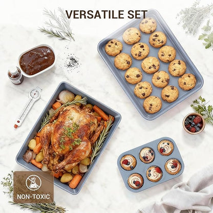 Ammeloo 22-Piece Baking Pans Set Stackable Bakeware Non Stick Baking Set Non Toxic Oven Pans, Including Roasting Pan, Cookie Sheets, Muffin Pans, Cake Pans, Oven Mitt and Utensils(Gray & Hunter Green)