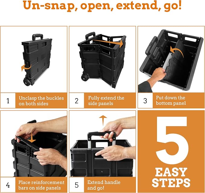 Inspired Living Ultra-Slim Rolling Collapsible Storage Pack-N-Roll Utility-carts, with Telescopic Handle, for Home, Garden, Shopping, Office, School use, Medium, Black