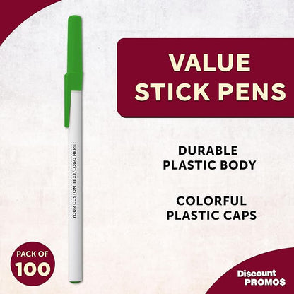 DISCOUNT PROMOS Custom Value Stick Pens Set of 100, Personalized Bulk Pack - Black Ink, Great for Office, School, Business, Tradeshows, Events - Green