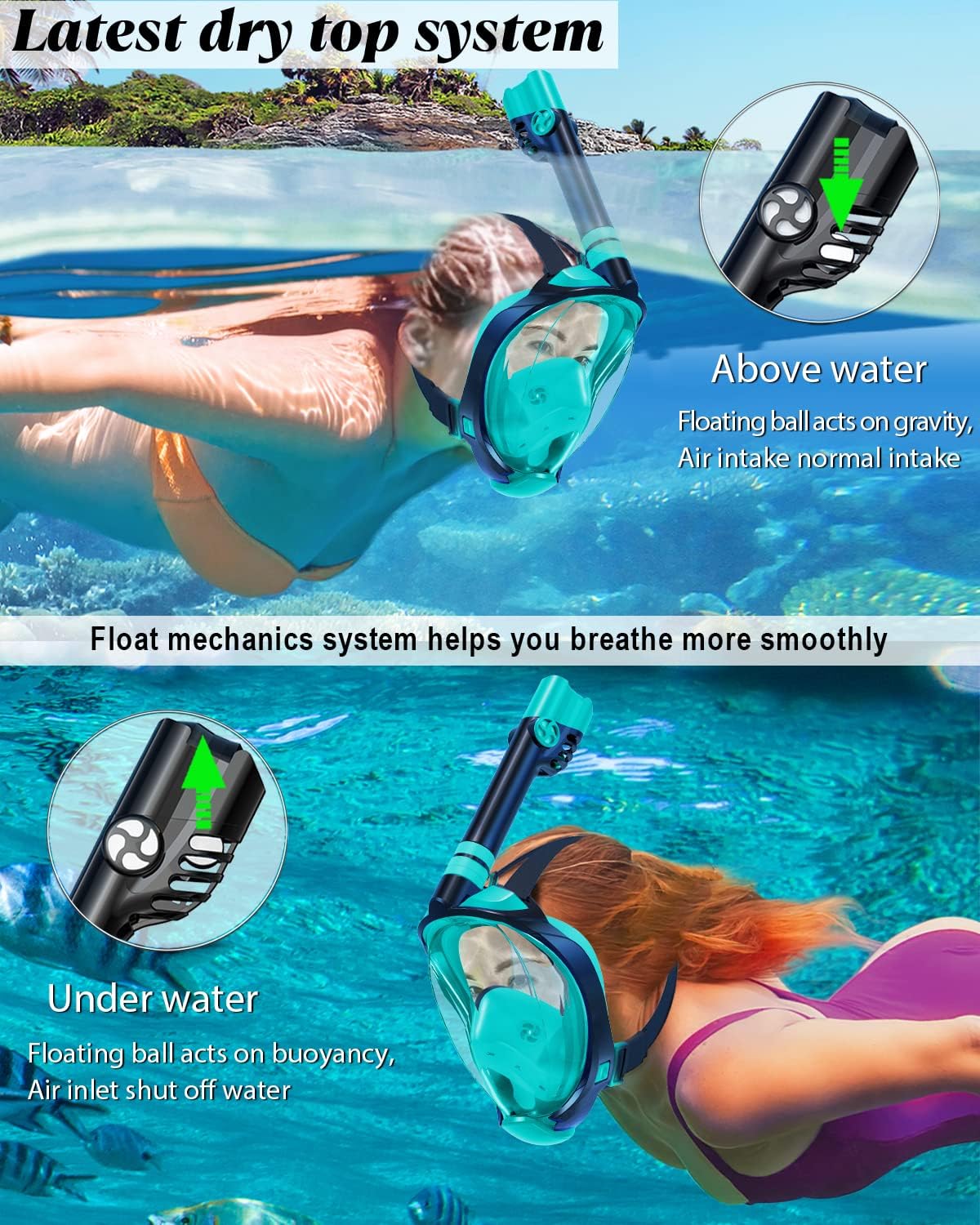 W WSTOO Full Face Snorkel Mask Adults,Suitable for Beginners Dry Top Snorkeling Gear,Can Your Mouth or Nose to Breathe,180 Degrees Panoramic View,Anti-Fog Anti-Leak,Summer Travel and Vacationing Gifts