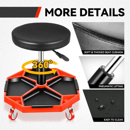 Auto Dynasty Mechanic Stool, Adjustable Rolling Pneumatic Creeper Garage Shop Seat with Tool Tray, 300 LBS Roller Seat for Workshop Auto Repair, Adjustable Height 15.7" to 21", Black/Red