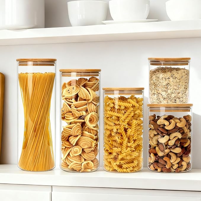 Airtight Glass Jars with Bamboo Lids, Glass Food Storage Containers Set - Set of 5 Kitchen Canisters for Sugar, Candy, Cookie, Rice and Spice Jars
