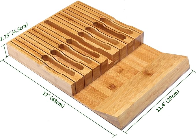 VaeFae In-Drawer Knife Block,Bamboo Knife Drawer Organizer Insert, Kitchen Knife Drawer Storage for 16 Knives PLUS a Slot for your Knife Sharpener (Without Knives)