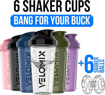 VELOMIX 6 Pack 28oz Protein Shaker Bottle, Dynamic Fuel Series | 6x Wire Whisk, Leak Proof Shaker Cups for Protein Shakes, Stackable, Dishwasher safe, BPA free, Pre Workout and Gym ready