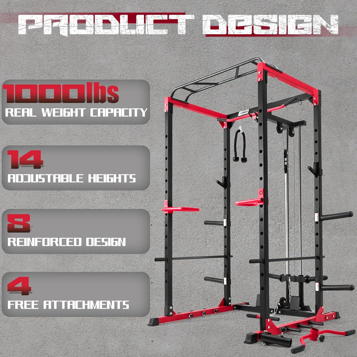 RitFit All-in-One Squat Rack for Home Gym, PPC02C Multi-Function 1000 LBS Capacity Power Cage with LAT Pulldown, Pulley System, Dip Bar, Landmine & More Power Rack Attachments, Package