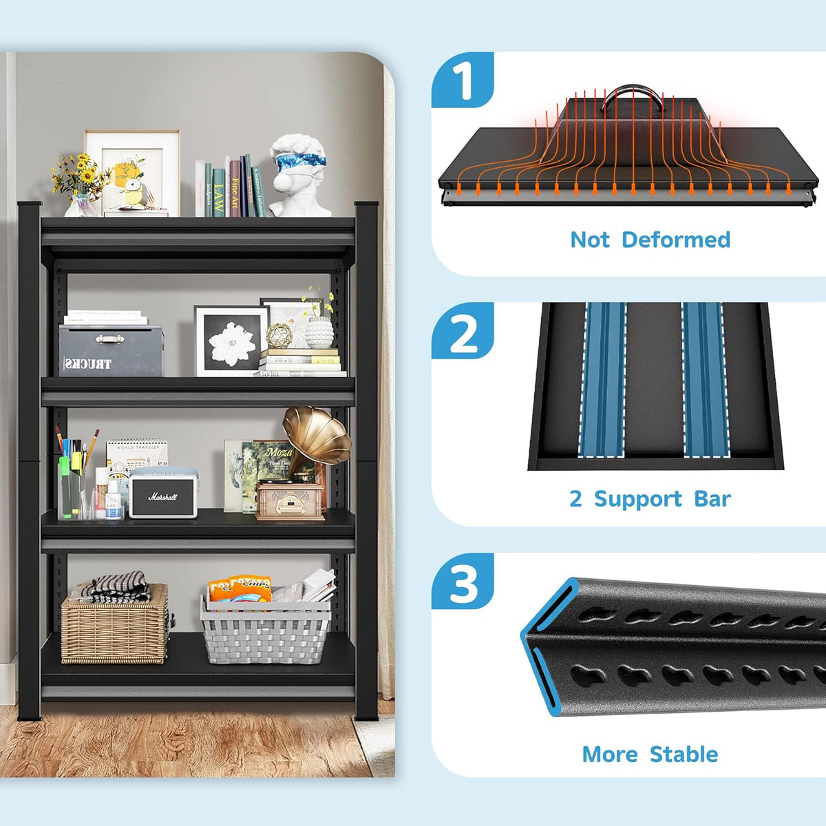 1400LBS Garage Storage Shelves Heavy Duty, 35" W x 16" D x 66" H,4-Tier Garage Shelving Heavy Duty, Industrial Metal Shelving Units for Basement,Fish Tank,Black