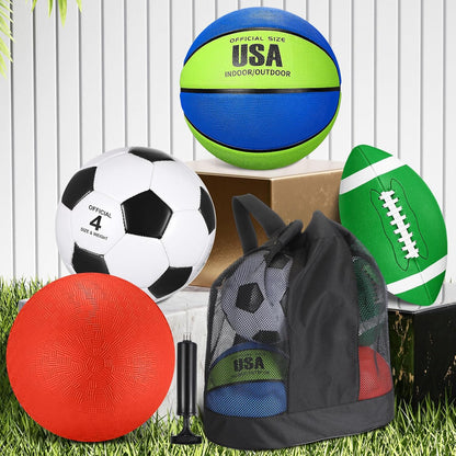 Deekin 4 Pcs Sport Balls Set for Kids Teens, Include Official Size 5 Basketball 4 Soccer 6 Football Playground Ball and Pump Sports Equipment Bag Recess Equipment Sport for Students(Navy Blue, Green)