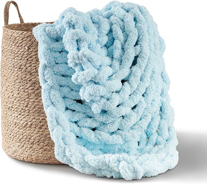 Adyrescia Chunky Knit Blanket Throw | 100% Hand Knit with Jumbo Chenille Yarn (50"x60", Light Blue)