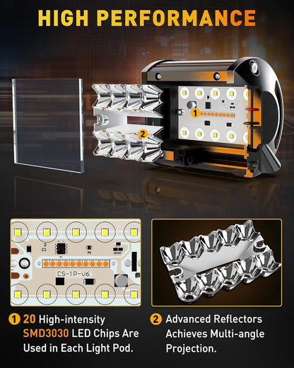 NAOEVO 4 Inch LED Pod Lights, White Amber LED Fog/Driving/Offroad Lights Strobe/Memory Mode and 2 Leads Wiring Harness, Cube Pods for Truck Boat ATV UTV, 2 Pcs (6 Modes)