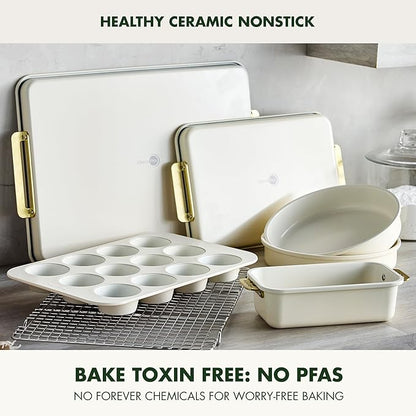 GreenPan Bakeware Set, 7 Piece Nonstick Ceramic Gold Handle Baking Sheets, Cake Pans, Loaf Pan, Muffin Tin, Cooling Rack, PFAS & BPA Free, Freezer to Oven Dish, Bake & Roast Ovenware, Cream