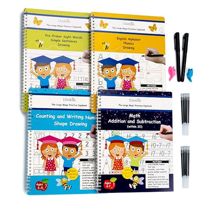 Reusable Handwriting Practice Workbook Set for Kids – Grooved Tracing Books for Letters, Numbers & Sight Words, Large Format 8.5 x 11 Inch Learning Activity Books
