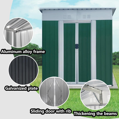 5x3 FT Outdoor Storage Shed with Sloping Roof, Waterproof Metal Garden Sheds w/Lockable Sliding Doors and Vents, Weather Resistant Tool Storage House for Backyard, Patio, Lawn, Green