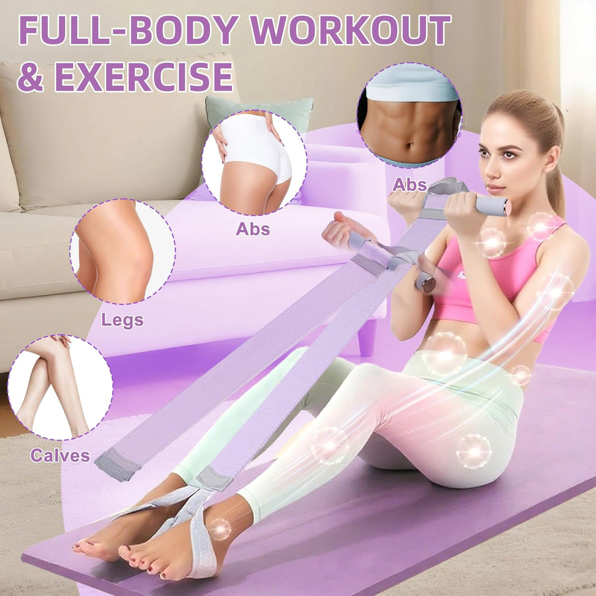 Fabric Resistance Band with Handles – Non-Slip Pedal Puller for Sit Ups & Full Body Strength Training, Portable Stretch Bands for Leg, Arm & Core, Workout Equipment for Women