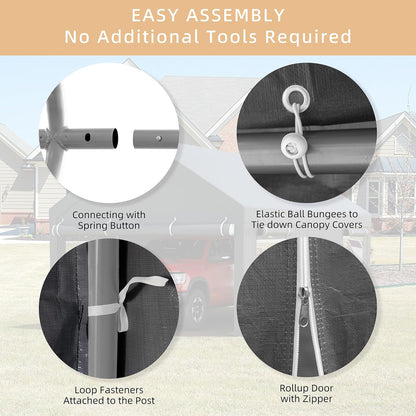 JY QAQA 10x20 FT Heavy Duty Carport with Removable Side Walls and Doors, Portable Garage with Roll-Up Window and Sandbags, Car Canopy with All-Season Tarp for Cars, Trucks, Boats, Grey