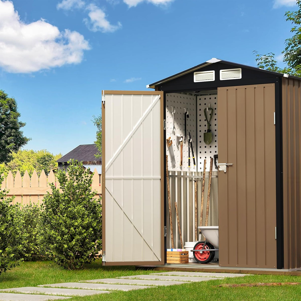 3X5FT Outdoor Steel Storage Shed with Lockable Doors, One Window,Ideal for Garden, Backyard, Patio Storage,Brown