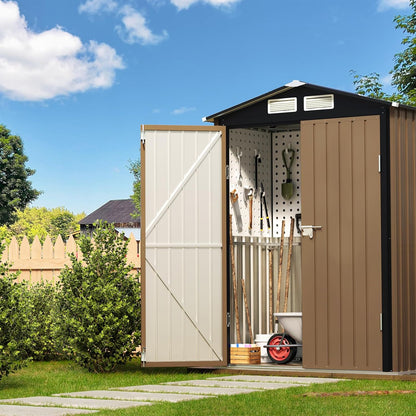 3X5FT Outdoor Steel Storage Shed with Lockable Doors, One Window,Ideal for Garden, Backyard, Patio Storage,Brown